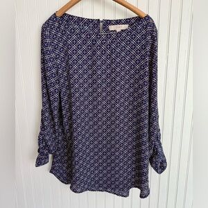 LOFT Blue and Pink Diamond-Grid Long Sleeve Blouse Size M